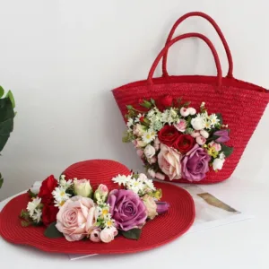 Ensemble sac et chapeau rouge en rotin style bohème